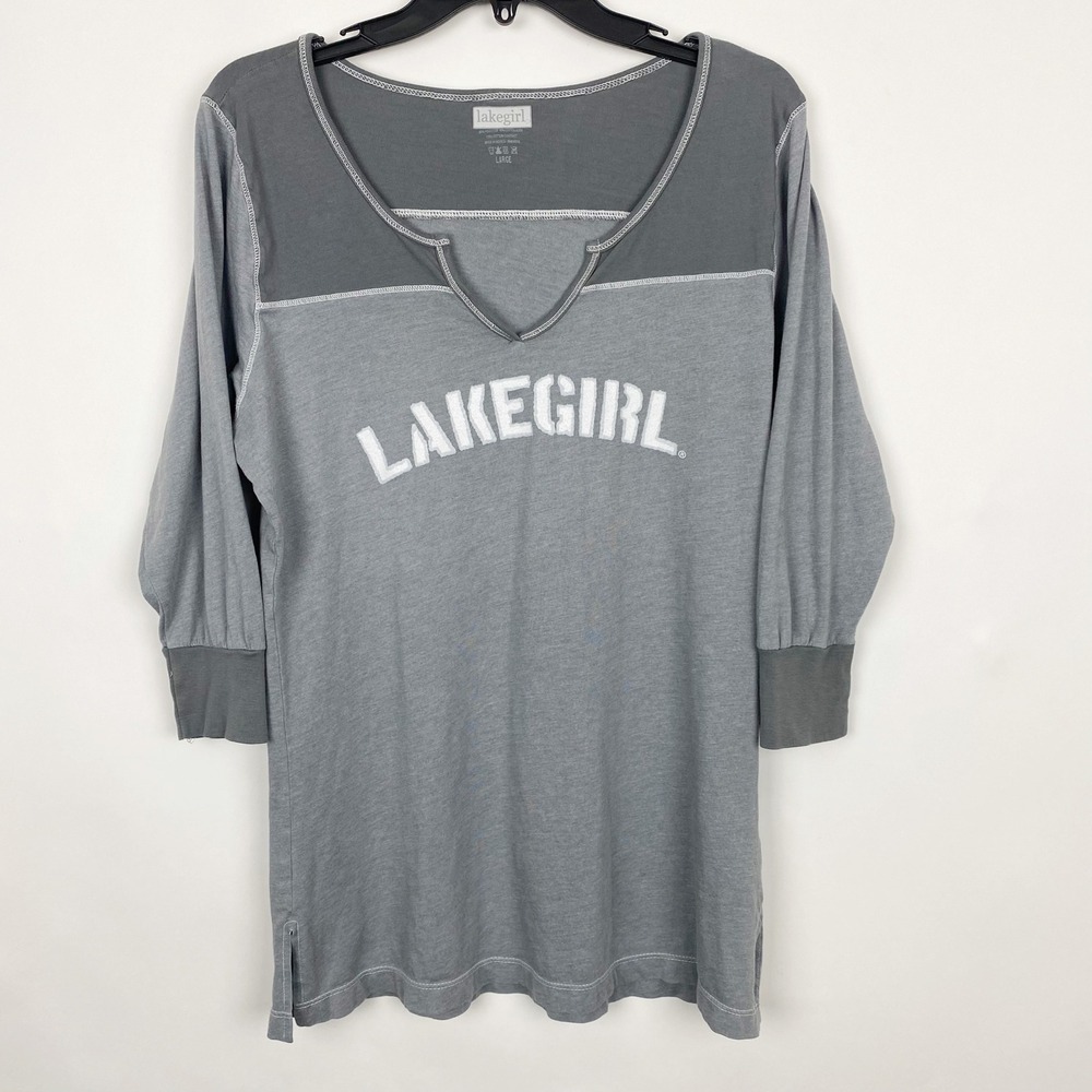 Lakegirl Split V-Neck Colorblock 3/4 Sleeve Graphic Top Womens Large Gray